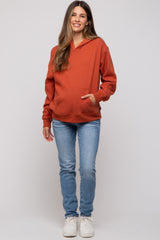 Rust Front Pocket Hooded Fleece Maternity Sweatshirt