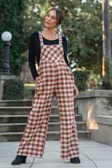 Camel Plaid Button Front Wide Leg Maternity Overalls