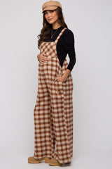 Camel Plaid Button Front Wide Leg Maternity Overalls