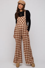 Camel Plaid Button Front Wide Leg Maternity Overalls