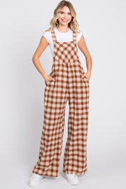 Camel Plaid Button Front Wide Leg Overalls