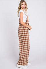 Camel Plaid Button Front Wide Leg Overalls