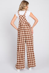 Camel Plaid Button Front Wide Leg Overalls