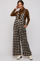 Black Plaid Button Front Wide Leg Maternity Overalls