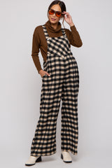 Black Plaid Button Front Wide Leg Maternity Overalls