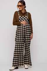 Black Plaid Button Front Wide Leg Maternity Overalls