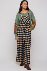 Black Plaid Button Front Wide Leg Overalls