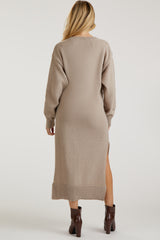 Taupe V-Neck Side Slit Maternity Midi Sweater Dress