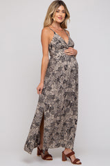 Black Floral Front Cutout Side Slit Maternity Maxi Dress