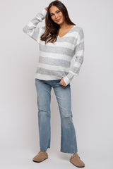 Grey Striped V-Neck Maternity Sweater