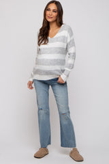 Grey Striped V-Neck Maternity Sweater