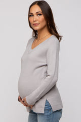 Grey V-Neck Basic Maternity Sweater