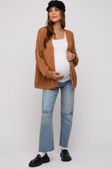 Camel Waffle Knit Button Long Sleeve Maternity Top