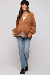 Camel Waffle Knit Button Long Sleeve Maternity Top