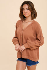 Camel Waffle Knit Button Long Sleeve Top