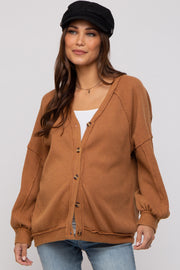 Camel Waffle Knit Button Long Sleeve Maternity Top