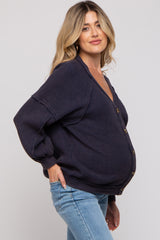 Navy Waffle Knit Button Long Sleeve Maternity Top