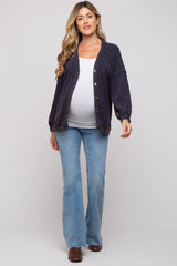 Navy Waffle Knit Button Long Sleeve Maternity Top