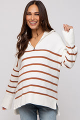 Camel Striped Half Zip Maternity Knit Pullover