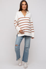 Camel Striped Half Zip Maternity Knit Pullover