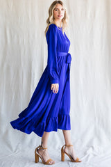 Royal Satin Belted Waist Midi Dress