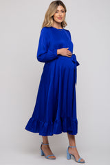 Royal Satin Belted Waist Maternity Midi Dress