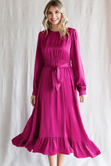 Magenta Satin Belted Waist Midi Dress