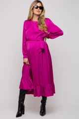 Magenta Satin Belted Waist Maternity Midi Dress