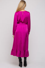 Magenta Satin Belted Waist Maternity Midi Dress