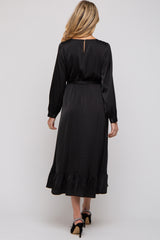 Black Satin Belted Waist Maternity Midi Dress