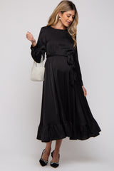 Black Satin Belted Waist Maternity Midi Dress