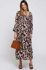 Navy Floral Long Sleeve Maternity Maxi Dress