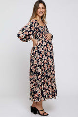 Navy Floral Long Sleeve Maternity Maxi Dress