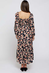 Navy Floral Long Sleeve Maternity Maxi Dress