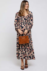 Navy Floral Long Sleeve Maternity Maxi Dress