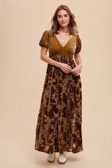 Camel Floral Burnout Velvet Maternity Maxi Dress