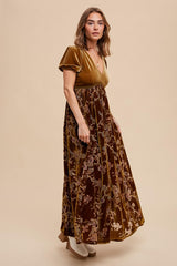 Camel Floral Burnout Velvet Maxi Dress