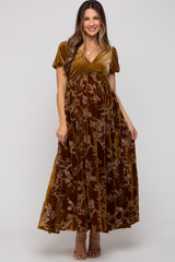 Camel Floral Burnout Velvet Maternity Maxi Dress