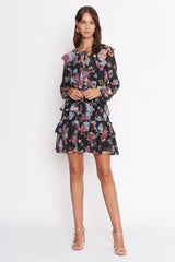 Black Floral Long Sleeve Ruffle Dress