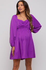 Purple Gathered Waist Long Sleeve Maternity Dress