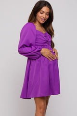 Purple Gathered Waist Long Sleeve Maternity Dress