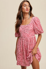 Pink Sequin Puff Sleeve Velvet Babydoll Dress