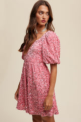 Pink Sequin Puff Sleeve Velvet Babydoll Dress