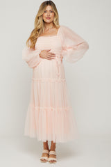 Light Pink Mesh Tiered Long Sleeve Maternity Maxi Dress