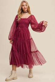 Burgundy Mesh Tiered Long Sleeve Maxi Dress