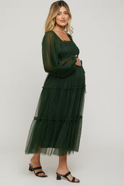 Green Mesh Tiered Long Sleeve Maternity Maxi Dress