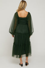 Green Mesh Tiered Long Sleeve Maternity Maxi Dress