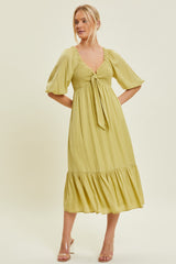 Light Olive Smocked Front Tie Maternity Midi Dress