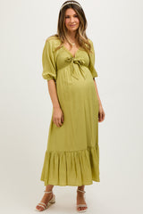 Light Olive Smocked Front Tie Maternity Midi Dress