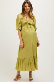 Light Olive Smocked Front Tie Maternity Midi Dress